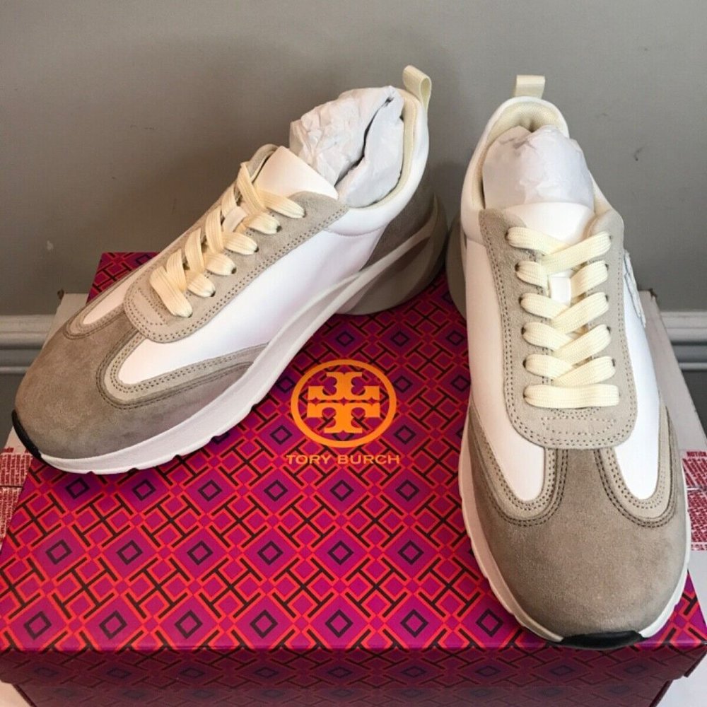 Tory Burch Good Luck Trainer Nylon Nat Suede 83833 White Ivory Cerbiatto 100 9.5